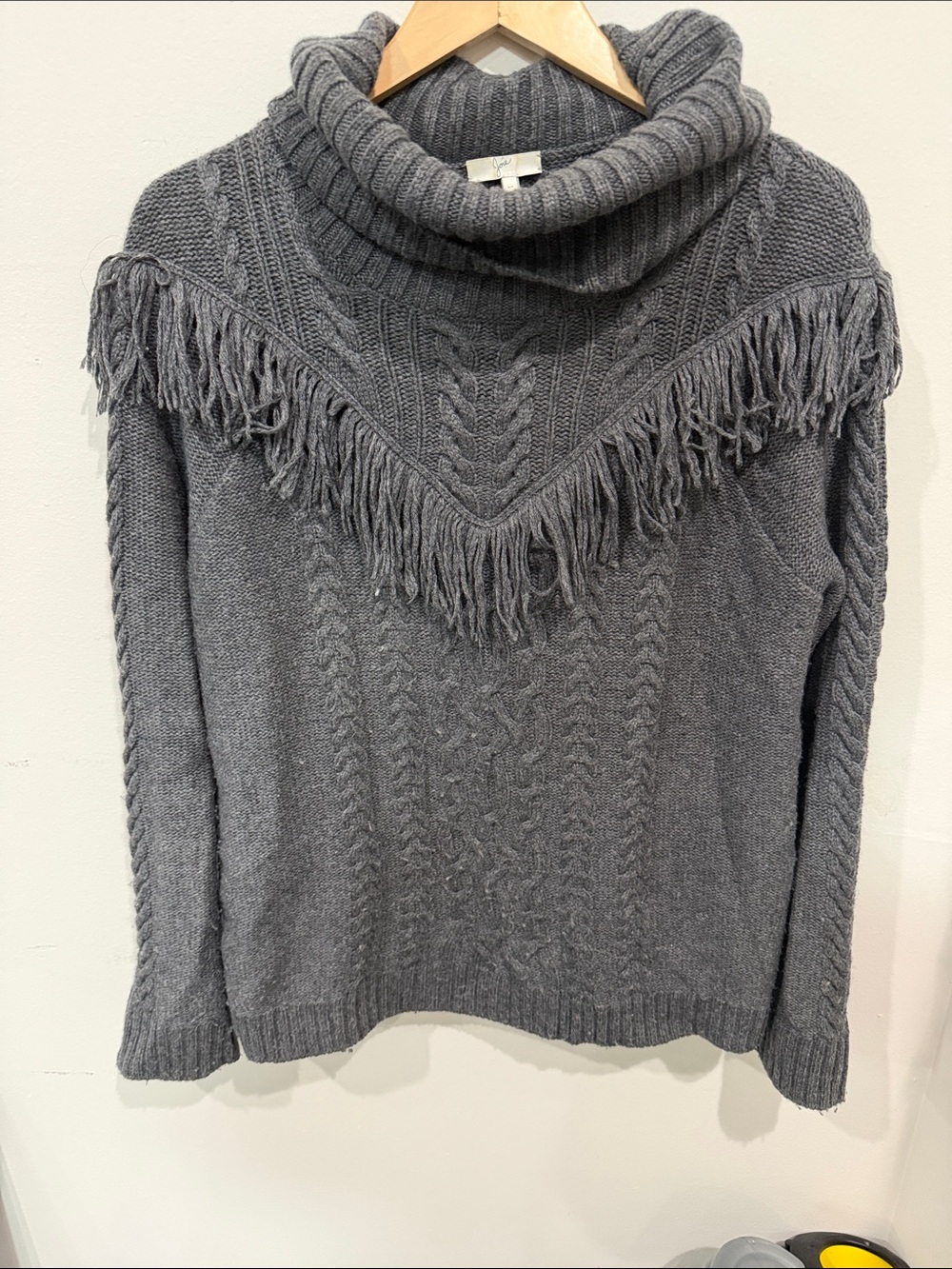 Joie Gray Cashmere Cable Knit Fringe Turtleneck Sweater